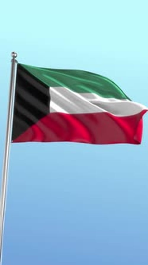 Animated Kuwait Flag Waving On Flagpole Against Blue Sky