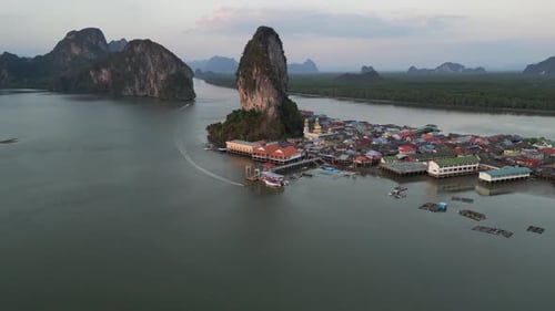 Aerial video of the floating village of Ko Panyi in Thailand