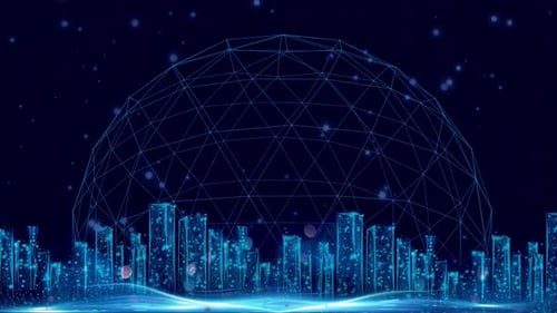 4K Technology business atmosphere innovation enterprise conference display board city sphere rotatin