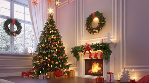 Cozy Christmas Room with Decorated Tree and Fireplace