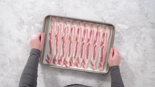 Bacon Bacon Strips Cooking Flat Lay Food Meat Pork Raw Recipe Step By Step Greasy Making Overhead