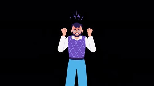 Angry male character, animation with ALPHA channel. Furious, Enraged man grinning, shaking fists