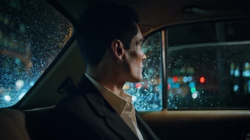 Serious Man Staring Car Window at Night Close Up Elegant Manager Looking City