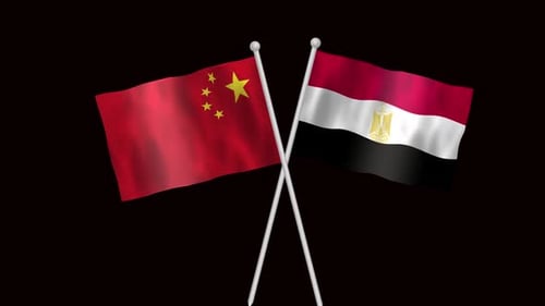 Waving Flags of China and Egypt Crossed on Black Background