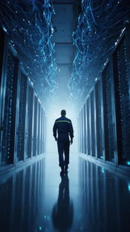 Person in Data Center with Glowing Blue Cables
