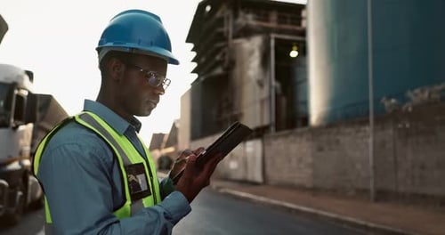Man, engineer and tablet or infrastructure inspection online or construction development