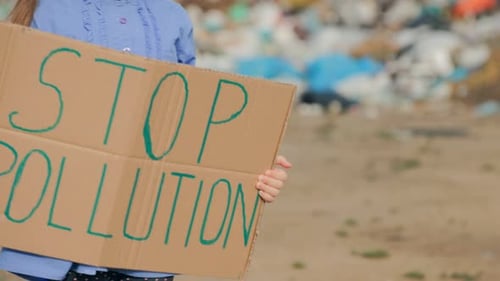 Jeune manifestant tenant une pancarte en carton disant « Halte à la pollution » lors d'un rassemblement