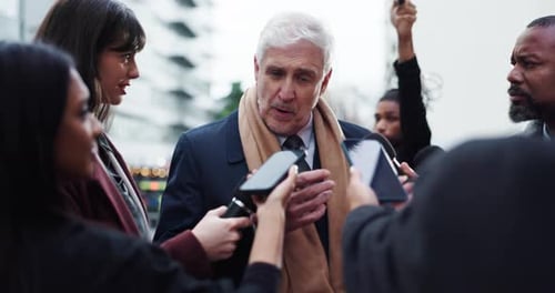 Politician, man and speaking with journalist for news, government policy and opinion in city