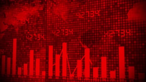 Red Digital Financial Data Display with Declining Graphs