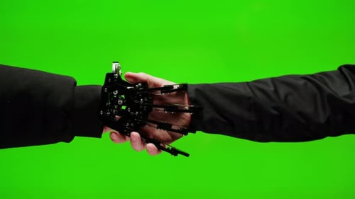 Human and Robot Handshake Artificial Intelligence AI Design Creation Hands Man with Mechanical Arm