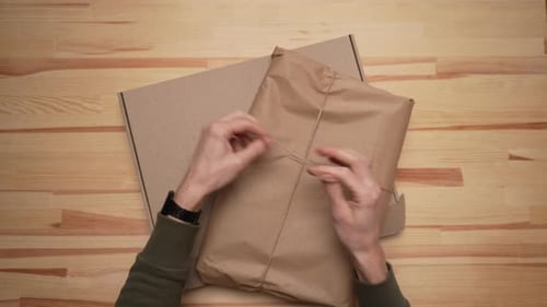 Two Men's Hands Pack the Package in craft brown paper and place it in a brown Paper Box