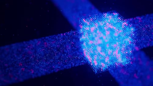 Glowing Digital Cube with Intersecting Data Stream Particles