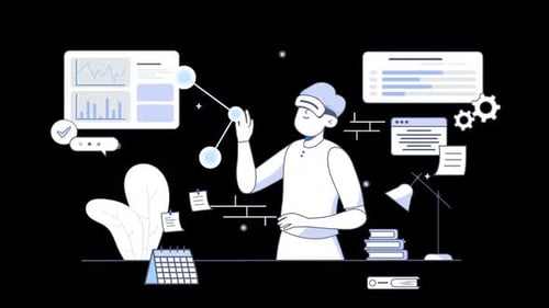 Animated VR User Interacting with Digital Data Interface