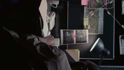 Investigator working at desk with crime board