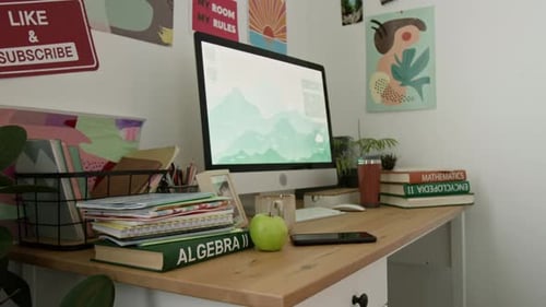Study Desk with Books and Computer Setup