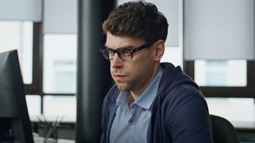 Stressed Businessman Analyzing Computer Report Closeup. Nervous It Manager Look Screen Search