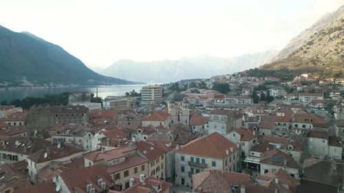 Drone dolley shot over downtown Kotor with a great view on the Adriatic Sea