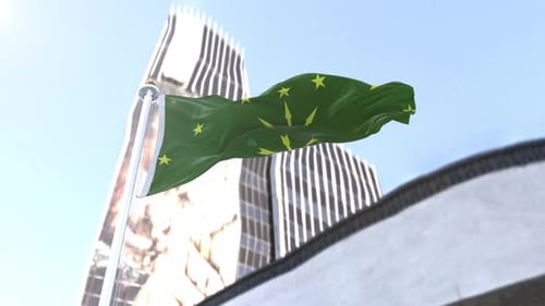 Realistic Waving Green Flag Animation with Modern Buildings