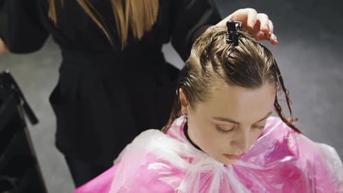 Woman Receiving Hair Treatment from Stylist at Salon