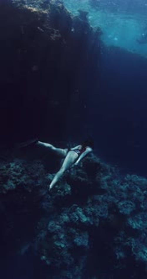 Freediver Swims Underwater in Blue Ocean Woman Freediving in Near Coral Reef Vertical Rocks
