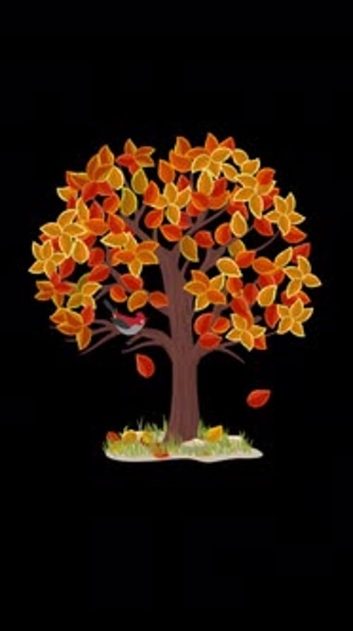 Bird In Autumn Tree With Falling Leaves Vertical Alpha Channel