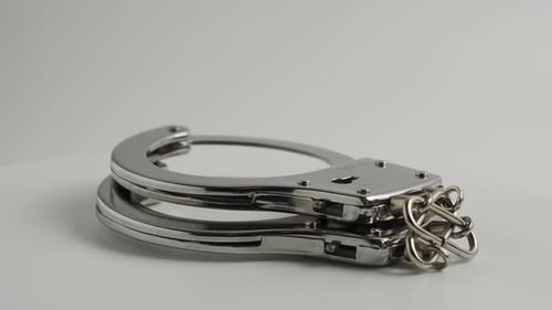 Silver Police Handcuffs Rotating on White Surface