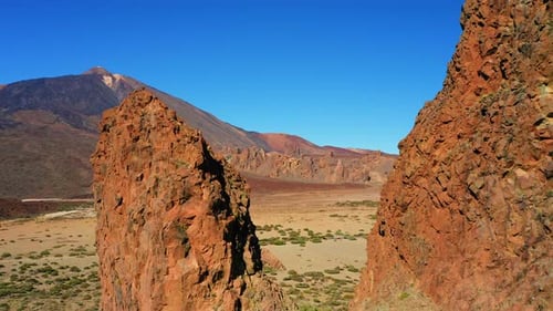 Desert Landscape with Volcanic Rock Formations and Volcano Teide on Tenerife Canary Islands Spain