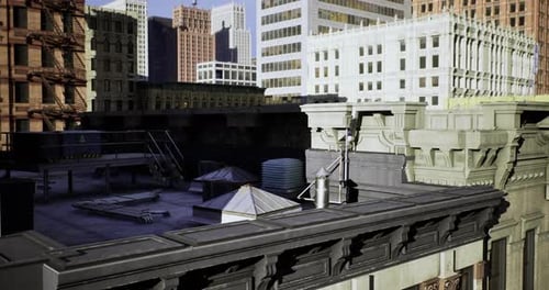Rooftop View of Urban Cityscape Showcasing Architectural Details and Skyline