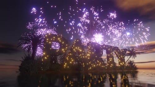 Una isla tropical en un océano tranquilo al atardecer, la palabra FIESTA de follaje en el centro Un fuego artificial en el