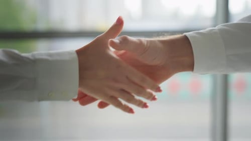 Close Up Caucasian Hands Shaking Formal Friendly Greeting Welcome Gesture Hired Invite Hello