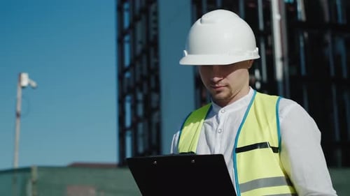 a male architect builder in a white hard hat and a work vest writes data on paper for construction d