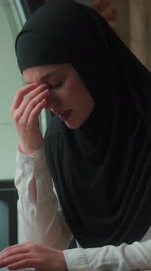 Bad Feeling Muslim Islamic Business Woman Female Girl Businesswoman in Hijab Suffering Migraine