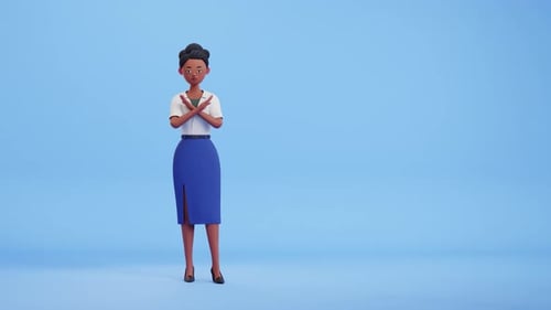 Femme croisant les bras et disant non. Animation de rendu 3D. Jeune personnage féminin secouant la tête