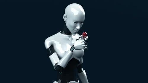 Robot 4K Mujer que sostiene una píldora biotecnológica
