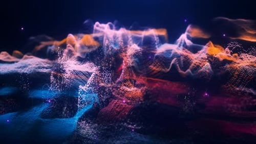 Abstract moving futuristic landscape of particles and dots of energy magic