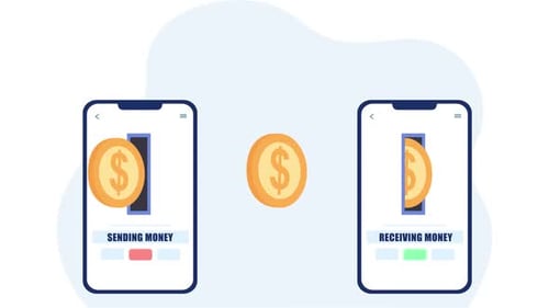 Money transfer from bank to another bank with mobile banking digital payments animation