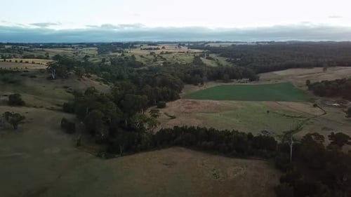 Aerial view over landscape near the Upper Coliban Reservoir, Victoria, Australia, January 2019.