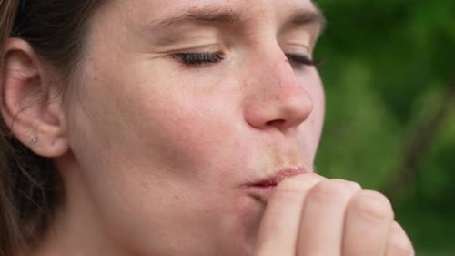 Woman Plant Taste Satisfied Woman Enjoying Organic Herb Outdoors
