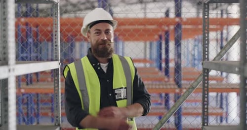 Man in Hardhat Standing in Warehouse