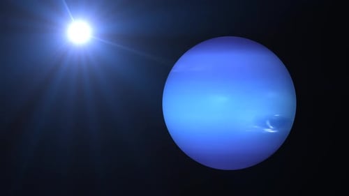 Rotierender Neptunplanet, Kugelgalaxie im Weltraum mit Sonnensystem, Video zu Wissenschaft und Technologie. 1406