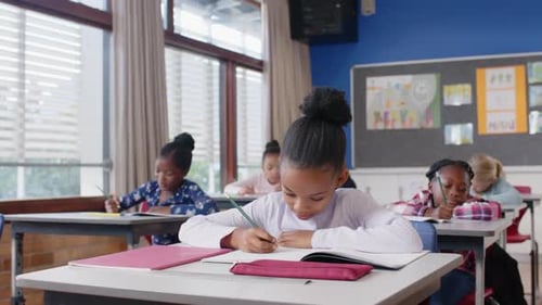In school, children writing in notebooks at desks, concentrating on assignments