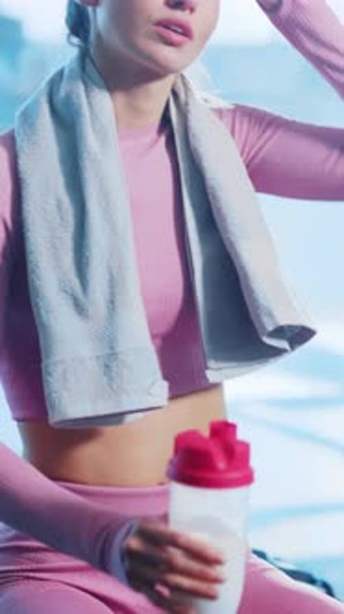 An Active Woman Enjoying a Protein Shake in a Gym Environment Focused on Her Fitness Journey