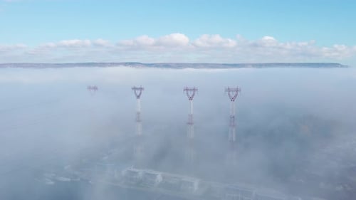 Aerial View of Cranes in Port Industrial Zone in Morning Fog