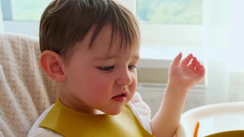 Child Eats Food in High Chair