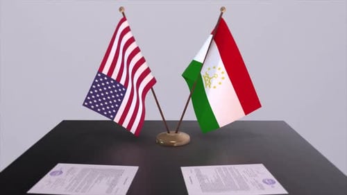 Tajikistan and USA at the negotiating table, a diplomatic deal. Business and politics animation