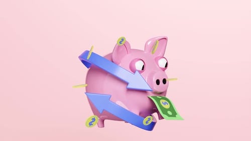 Piggy Bank with Dollar Bill and Arrows