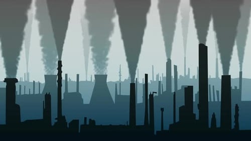 Pollution, smoke and factory with smog, chimney and dirty air with atmosphere