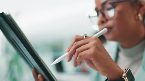 Woman, software developer or writing with tablet for app development, UI or UX at office