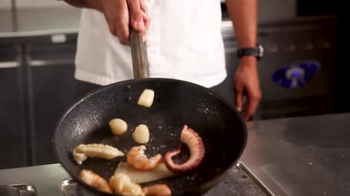Noodles with seafood and vegetables in a Japanese restaurant