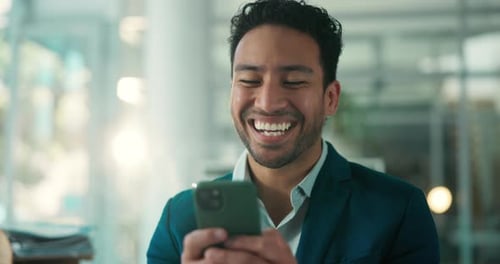 Laugh, reading and businessman in office with phone, funny text message or good news on email app